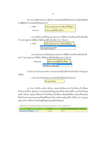 -27-
(4) รายการสังกัด หนวยงาน ผูขอรับการประเมินบันทึกสังกัด/หนวยงานในชองสีเหลือง
ตามที่ผูขอรับการประเมินสังกัดอยู ดังภาพ
- รายการสังกัด จะเปนในรูปแบบของรายการใหเลือก โดยคลิกเมาสดานซายที่ปุม
จะปรากฏรายการใหเลือก ใหคลิกเมาสดานซายเลือกรายการ ดังภาพ
- รายการหนวยงาน จะเปนในรูปแบบของรายการใหเลือก โดยคลิกเมาสดานซายที่
ปุม จะปรากฏรายการใหเลือก ใหคลิกเมาสดานซายเลือกรายการ ดังภาพ
(5) ในรายการโปรแกรมจะทําการประมวลผลอัตโนมัติ โดยจะอางอิงจากวิทยฐานะ
ปจจุบัน
(6) รายการสังกัด ระดับการศึกษา กลุมสาระที่สอน/สาขาวิชาที่สอน/วิชาที่สอน
ชั่วโมงสอนขั้นต่ํา ผูขอรับการประเมินบันทึกขอมูลของสังกัดลงในชองสีฟา และบันทึกขอมูล
ระดับการศึกษา กลุมสาระที่สอน/สาขาวิชาที่สอน/วิชาที่สอน ลงในชองสีเหลือง สวนของชั่วโมงสอน
ขั้นต่ําโปรแกรมจะประมวลผลอัตโนมัติโดยอางอิงจากหลักเกณฑและวิธีการใหขาราชการครูและ
บุคลากรทางการศึกษา ตําแหนงครูมีวิทยฐานะและเลื่อนวิทยฐานะ
 