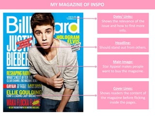 MY MAGAZINE OF INSPO
Main Image:
Star Appeal makes people
want to buy the magazine.
Cover Lines:
Shows readers the content of
the magazine before flicking
inside the pages.
Headline:
Should stand out from others.
Date/ Links:
Shows the relevance of the
issue and how to find more
info.
 