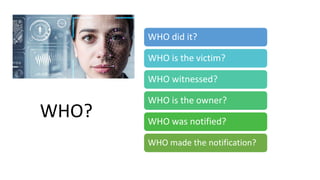 WHWO?
WHO did it?
WHO is the victim?
WHO witnessed?
WHO is the owner?
WHO was notified?
WHO made the notification?
WHO?
 
