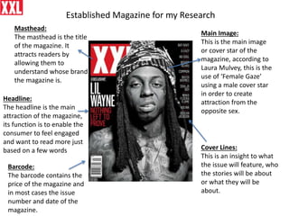 Established Magazine for my Research
Masthead:
The masthead is the title
of the magazine. It
attracts readers by
allowing them to
understand whose brand
the magazine is.
Main Image:
This is the main image
or cover star of the
magazine, according to
Laura Mulvey, this is the
use of ‘Female Gaze’
using a male cover star
in order to create
attraction from the
opposite sex.
Cover Lines:
This is an insight to what
the issue will feature, who
the stories will be about
or what they will be
about.
Headline:
The headline is the main
attraction of the magazine,
its function is to enable the
consumer to feel engaged
and want to read more just
based on a few words
Barcode:
The barcode contains the
price of the magazine and
in most cases the issue
number and date of the
magazine.
 