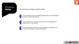 Primeiras
ideias
Como sabemos se uma prateleira pode suportar a quantidade de
produtos a serem estocados?
Como calculamos o espaço necessário para a estocagem de
produtos em um armazém?
Como calculamos o frete de uma mercadoria, as distâncias, os
tempos de entrega e os custos de viagem?
Ao observar a imagem anterior, reflita:
Diálogo
 