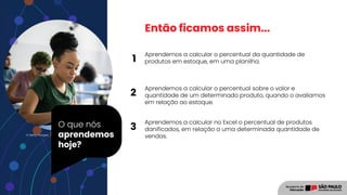 O que nós
aprendemos
hoje?
© Getty Images
Então ficamos assim...
Aprendemos a calcular o percentual da quantidade de
produtos em estoque, em uma planilha.
Aprendemos a calcular o percentual sobre o valor e
quantidade de um determinado produto, quando o avaliamos
em relação ao estoque.
Aprendemos a calcular no Excel o percentual de produtos
danificados, em relação a uma determinada quantidade de
vendas.
1
2
3
 