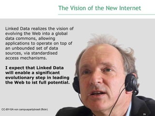 The Vision of the New Internet


   Linked Data realizes the vision of
   evolving the Web into a global
   data commons, allowing
   applications to operate on top of
   an unbounded set of data
   sources, via standardised
   access mechanisms.

   I expect that Linked Data
   will enable a significant
   evolutionary step in leading
   the Web to ist full potential.




CC-BY-SA von campuspartybrasil (flickr)
                                                                           26
 