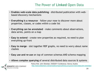 The Power of Linked Open Data

• Enables web-scale data publishing - distributed publication with web-
  based discovery mechanisms

• Everything is a resource – follow your nose to discover more about
  properties, classes, or codes within a code list

• Everything can be annotated - make comments about observations,
  data series, points on a map

• Easy to extend - create new properties as required, no need to plan
  everything up-front

• Easy to merge - slot together RDF graphs, no need to worry about name
  clashes

• Easy use and re-use on top of common schemas AND schema mapping

• Allows complex querying of several distributed data sources & systems
                    Parts of list: John Sheridan, OGD2011 Conference, Vienna, Austria:
                    http://www.slideshare.net/semwebcompany/linking-uk-government-data-john-sheridan/
                                                                                              29
 