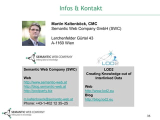 Infos & Kontakt

                 Martin Kaltenböck, CMC
                 Semantic Web Company GmbH (SWC)

                 Lerchenfelder Gürtel 43
                 A-1160 Wien




Semantic Web Company (SWC)                     LOD2
                                    Creating Knowledge out of
Web                                      Interlinked Data
http://www.semantic-web.at
http://blog.semantic-web.at        Web
http://poolparty.biz               http://www.lod2.eu
                                   Blog
m.kaltenboeck@semantic-web.at      http://blog.lod2.eu
Phone: +43-1-402 12 35–25


                                                                35
 