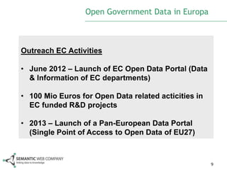Open Government Data in Europa



Outreach EC Activities

• June 2012 – Launch of EC Open Data Portal (Data
  & Information of EC departments)

• 100 Mio Euros for Open Data related acticities in
  EC funded R&D projects

• 2013 – Launch of a Pan-European Data Portal
  (Single Point of Access to Open Data of EU27)



                                                      9
 