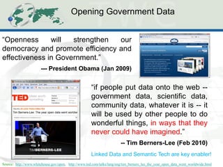 Opening Government Data 
“Openness will strengthen our democracy and promote efficiency and effectiveness in Government.” --- President Obama (Jan 2009) 
“if people put data onto the web -- government data, scientific data, community data, whatever it is -- it will be used by other people to do wonderful things, in ways that they never could have imagined.” -- Tim Berners-Lee (Feb 2010) 
Source: http://www.whitehouse.gov/open, http://www.ted.com/talks/lang/eng/tim_berners_lee_the_year_open_data_went_worldwide.html 
Linked Data and Semantic Tech are key enabler!  