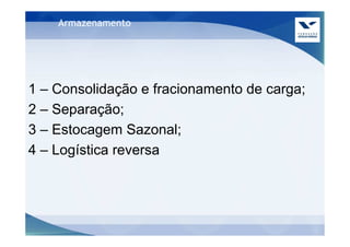 Armazenamento




1 – Consolidação e fracionamento de carga;
2 – Separação;
3 – Estocagem Sazonal;
4 – Logística reversa
 