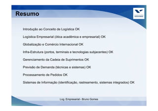 Resumo

 Introdução ao Conceito de Logística OK

 Logística Empresarial (ótica acadêmica e empresarial) OK

 Globalização e Comércio Internacional OK

 Infra-Estrutura (portos, terminais e tecnologias subjacentes) OK

 Gerenciamento da Cadeia de Suprimentos OK

 Previsão de Demanda (técnicas e sistemas) OK

 Processamento de Pedidos OK

 Sistemas de Informação (identificação, rastreamento, sistemas integrados) OK




                           Log. Empresarial - Bruno Gomes
 