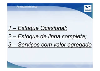 Armazenamento




1 – Estoque Ocasional;
2 – Estoque de linha completa;
3 – Serviços com valor agregado
 