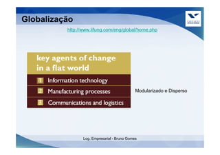 Globalização
          http://www.lifung.com/eng/global/home.php




                                              Modularizado e Disperso




                 Log. Empresarial - Bruno Gomes
 