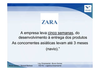 Case




        A empresa leva cinco semanas, do
       desenvolvimento à entrega dos produtos
   As concorrentes asiáticas levam até 3 meses
                                         (navio).”


                               Log. Empresarial - Bruno Gomes
Bruno Gomes / Renaud Barbosa    FGV-RJ - Logística Empresarial
 