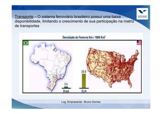Transporte – O sistema ferroviário brasileiro possui uma baixa
disponibilidade, limitando o crescimento de sua participação na matriz
de transportes




                           Log. Empresarial - Bruno Gomes
 