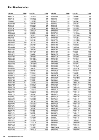 Part Number Index
Part No.
18971A 103
18971B 103
583486 141
70005BZ 92
70006D 81
70007A 92
70007B 92
70045A3 80
71008C3 77
71048B 78
71052D3 78
71185D2 109
71185E2 109
71186GV 102
72515A7 163
72515Z1 96
72515Z2 97
72555B1 64
72555C1 64
72556D1 62
72556D2 62
72556L1 62
72556S1 62
72556S2 62
72556T1 63
72556T2 63
72557B1 64
72557B3 64
72557BJ 111
72557C1 65
72557C3 65
72557S1 65
72557Z1 65
72557ZJ 65
72569DL 63
72569Z2 63
72569Z4 63
72570P1 58
72570Z1 59
72570Z2 59
72571P1 59
72571Z1 59
72571Z2 59
72574M1 96
72574Z2 96
72575N1 56
72575N2 56
72575P1 57
72575P2 57
Page Part No.
72575Z1 58
72575Z2 57
72575Z3 58
72581B1 26
72582Z1 27
72583A1 48
72583Z1 48
72585C 60
72611D 164
72631A1 70
72631B1 70
72631C1 71
72631D1 70
72639A 28
72641A2 29
72641Z1 29
72642C 27
72649B1 35
72649BA 35
72649BE 35
72649BG 35
72649BK 35
72661C 26
72661D 26
72700A1 22
72700B1 23
72700C1 24
72700D1 24
72700E1 25
72700Z1 25
72700Z2 25
72700Z3 25
73022A3 80
73070A 49
73073D3 76
73073E3 76
73073F3 77
73073G3 78
73073Z1 84
73075A 79
73075B 79
73075D 79
73300A 92
73310F1 91
73310G1 91
73310J1 91
73312A1 93
73312B1 93
73640J2 163
Page Part No.
73642B3 53
73642C 82
73642D 82
73642E 83
74096D 69
74131B1 69
74133A1 69
74137A1 71
74137Z2 72
74137Z3 72
74137Z6 72
74141B1 88
74141B3 88
74141B4 88
74141B7 89
74141C1 88
74141C3 88
74141C4 89
74151B1 89
74153B1 89
74153B3 89
74153B4 89
74153B7 89
74153C1 89
74153C3 89
74153C4 89
74153C7 90
74154A1 86
74154B4 85
74154C1 86
74154C4 86
74154C7 87
74154D4 86
74154Z1 87
74155C3 87
74174A1 68
74174B1 68
74174C1 68
74174D1 68
74187A1 73
74188A1 67
74188T1 27
74189A 83
74189L 84
74190A1 74
74190A2 73
74199A 84
74422A1N 49
74656A1 95
Page Part No.
74656B1 95
74656C1 95
74657A1 95
74657C1 95
74910C5 51
74911B5 51
74913A1 52
74913AA 52
74913AB 52
74913BA 110
74913BB 110
74913BJ 110
7608903 34
7608944 100
76089AC 34
766226 163
76910C1 162
76910D1 161
76919A1 55
76919B1 55
76919C1 55
76919J1 108
76919JP 109
76919T1 51
76920B1 55
76921B1 50
76921BR 54
790D001 140
790D130 142
790D131 142
790D140 142
790D14A 143
790D150 138
790D155 139
790D156 139
790D157 141
790D159 141
790D15B 138
790D160 139
790D170 140
790D175 140
790D177 140
790D180 141
790D185 141
790D301 147
790D400 146
790D403 147
790D410 146
790D500 144
Page
166 www.ackermann-clino.com
 