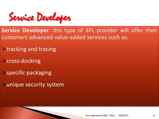Service Developer: this type of 3PL provider will offer their
customers advanced value-added services such as:
tracking and tracing
cross-docking
specific packaging
unique security system
Service Developer
arun palanisamyI MBA, TNAU. 135/28/2014
 