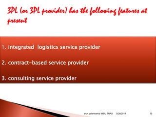 1. integrated logistics service provider
2. contract-based service provider
3. consulting service provider
3PL (or 3PL provider) has the following features at
present
arun palanisamyI MBA, TNAU. 155/28/2014
 