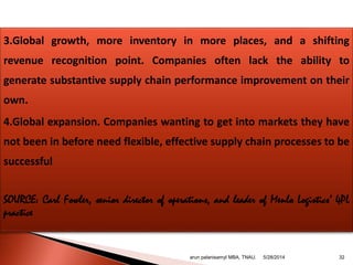 3.Global growth, more inventory in more places, and a shifting
revenue recognition point. Companies often lack the ability to
generate substantive supply chain performance improvement on their
own.
4.Global expansion. Companies wanting to get into markets they have
not been in before need flexible, effective supply chain processes to be
successful
SOURCE: Carl Fowler, senior director of operations, and leader of Menlo Logistics’ 4PL
practice
arun palanisamyI MBA, TNAU. 325/28/2014
 