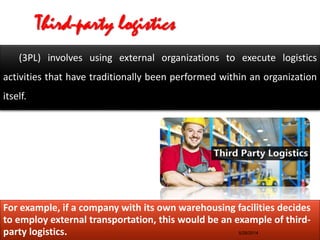 Third-party logistics
(3PL) involves using external organizations to execute logistics
activities that have traditionally been performed within an organization
itself.
arun palanisamyI MBA, TNAU. 7
For example, if a company with its own warehousing facilities decides
to employ external transportation, this would be an example of third-
party logistics. 5/28/2014
 
