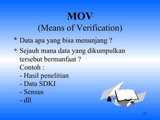 MOV (Means of Verification) Data apa yang bisa menunjang ? Sejauh mana data yang dikumpulkan tersebut bermanfaat ? Contoh : - Hasil penelitian - Data SDKI - Sensus - dll  