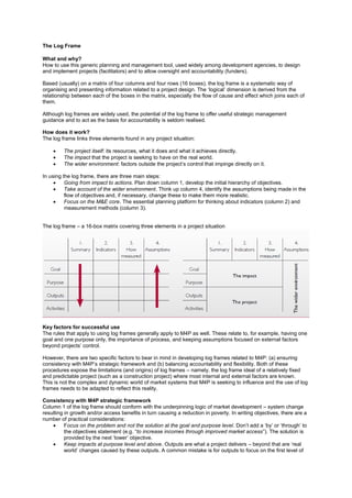 The Log Frame
What and why?
How to use this generic planning and management tool, used widely among development agencies, to design
and implement projects (facilitators) and to allow oversight and accountability (funders).
Based (usually) on a matrix of four columns and four rows (16 boxes), the log frame is a systematic way of
organising and presenting information related to a project design. The ‘logical’ dimension is derived from the
relationship between each of the boxes in the matrix, especially the flow of cause and effect which joins each of
them.
Although log frames are widely used, the potential of the log frame to offer useful strategic management
guidance and to act as the basis for accountability is seldom realised.
How does it work?
The log frame links three elements found in any project situation:




The project itself: its resources, what it does and what it achieves directly.
The impact that the project is seeking to have on the real world.
The wider environment: factors outside the project’s control that impinge directly on it.

In using the log frame, there are three main steps:

Going from impact to actions. Plan down column 1, develop the initial hierarchy of objectives.

Take account of the wider environment. Think up column 4, identify the assumptions being made in the
flow of objectives and, if necessary, change these to make them more realistic.

Focus on the M&E core. The essential planning platform for thinking about indicators (column 2) and
measurement methods (column 3).
The log frame – a 16-box matrix covering three elements in a project situation

Key factors for successful use
The rules that apply to using log frames generally apply to M4P as well. These relate to, for example, having one
goal and one purpose only, the importance of process, and keeping assumptions focused on external factors
beyond projects’ control.
However, there are two specific factors to bear in mind in developing log frames related to M4P: (a) ensuring
consistency with M4P’s strategic framework and (b) balancing accountability and flexibility. Both of these
procedures expose the limitations (and origins) of log frames – namely, the log frame ideal of a relatively fixed
and predictable project (such as a construction project) where most internal and external factors are known.
This is not the complex and dynamic world of market systems that M4P is seeking to influence and the use of log
frames needs to be adapted to reflect this reality.
Consistency with M4P strategic framework
Column 1 of the log frame should conform with the underpinning logic of market development – system change
resulting in growth and/or access benefits in turn causing a reduction in poverty. In writing objectives, there are a
number of practical considerations:

Focus on the problem and not the solution at the goal and purpose level. Don’t add a ‘by’ or ‘through’ to
the objectives statement (e.g. “to increase incomes through improved market access”). The solution is
provided by the next ‘lower’ objective.

Keep impacts at purpose level and above. Outputs are what a project delivers – beyond that are ‘real
world’ changes caused by these outputs. A common mistake is for outputs to focus on the first level of

 