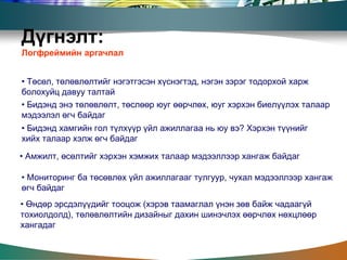 Дүгнэлт:
Логфреймийн аргачлал


• Төсөл, төлөвлөлтийг нэгэтгэсэн хүснэгтэд, нэгэн зэрэг тодорхой харж
болохуйц давуу талтай
• Бидэнд энэ төлөвлөлт, төслөөр юуг өөрчлөх, юуг хэрхэн биелүүлэх талаар
мэдээлэл өгч байдаг
• Бидэнд хамгийн гол түлхүүр үйл ажиллагаа нь юу вэ? Хэрхэн түүнийг
хийх талаар хэлж өгч байдаг

• Амжилт, өсөлтийг хэрхэн хэмжих талаар мэдээллээр хангаж байдаг

• Мониторинг ба төсөвлөх үйл ажиллагааг тулгуур, чухал мэдээллээр хангаж
өгч байдаг
• Өндөр эрсдэлүүдийг тооцож (хэрэв таамаглал үнэн зөв байж чадаагүй
тохиолдолд), төлөвлөлтийн дизайныг дахин шинэчлэх өөрчлөх нөхцлөөр
хангадаг
 