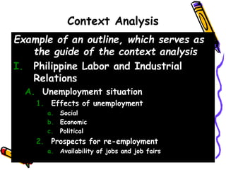 Context Analysis
Example of an outline, which serves as
the guide of the context analysis
I. Philippine Labor and Industrial
Relations
A. Unemployment situation
1. Effects of unemployment
a. Social
b. Economic
c. Political
2. Prospects for re-employment
a. Availability of jobs and job fairs
 
