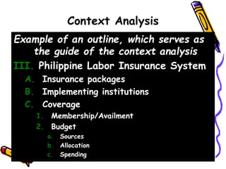 Context Analysis
Example of an outline, which serves as
the guide of the context analysis
III. Philippine Labor Insurance System
A. Insurance packages
B. Implementing institutions
C. Coverage
1. Membership/Availment
2. Budget
a. Sources
b. Allocation
c. Spending
 
