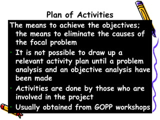 Plan of Activities
The means to achieve the objectives;
the means to eliminate the causes of
the focal problem
• It is not possible to draw up a
relevant activity plan until a problem
analysis and an objective analysis have
been made
• Activities are done by those who are
involved in the project
• Usually obtained from GOPP workshops
 