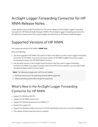 ArcSight Logger Forwarding Connector for HP
NNMi Release Notes
These release notes provide information for the current release of the ArcSight Logger Forwarding
Connector for HP Network Node Manager i (NNMi). The ArcSight Logger Forwarding Connector for
HP NNMi can receive events from a source logger and send them to HP Network Node Manager i.
Supported Versions of HP NNMi
The supported version of HP NNMi is NNMi 10.0.
Note the following:
l You must upgrade to HP NNMi 9.20, patch 1 or later to be able to use the current Logger Forwarding
Connector for HP NNMi. If you have a previous version of HP NNMi installed, the current Logger
Forwarding Connector for HP NNMi will not function.
l Use the latest version of the ArcSight SmartConnector with the current Logger Forwarding
Connector for NNMi. If you plan to process events from HP ProCurve devices, you must also install
the latest ArcSight SmartConnector build.
Note: The following changes start with the next release:
l Windows and Linux 64-bit operating systems will be supported.
l Solaris operating system will no longer be supported.
What's New in the ArcSight Logger Forwarding
Connector for HP NNMi
l Support for Windows 2012 R2.
l Support for HP NNMi version 10.0.
l Support for Red Hat Enterprise Linux (RHEL) 7.1.
l Support for Logger 6.0.
l Support for Windows, Solaris, and Linux on 32-bit and Windows and Linux on 64-bit installations.
l This release contains important security updates.
HPE Logger Forwarding Connector for HP NNMi 7.1.7.7609.0 Page 4 of 7
 