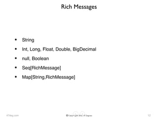 47deg.com © Copyright 2016 47 Degrees
Rich Messages
• String
• Int, Long, Float, Double, BigDecimal
• null, Boolean
• Seq[RichMessage]
• Map[String,RichMessage]
12
 