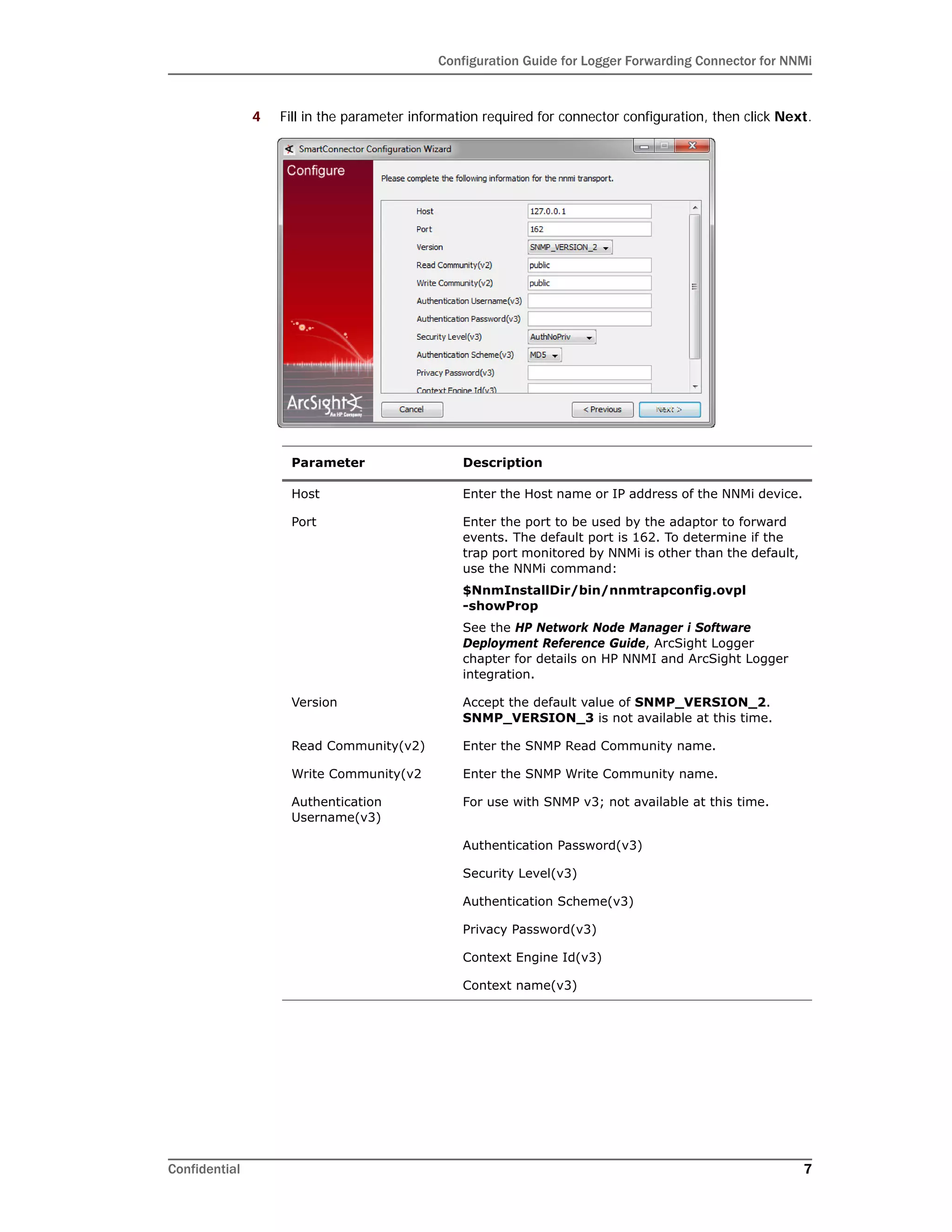 Configuration Guide for Logger Forwarding Connector for NNMi
Confidential 7
4 Fill in the parameter information required for connector configuration, then click Next.
Parameter Description
Host Enter the Host name or IP address of the NNMi device.
Port Enter the port to be used by the adaptor to forward
events. The default port is 162. To determine if the
trap port monitored by NNMi is other than the default,
use the NNMi command:
$NnmInstallDir/bin/nnmtrapconfig.ovpl
-showProp
See the HP Network Node Manager i Software
Deployment Reference Guide, ArcSight Logger
chapter for details on HP NNMI and ArcSight Logger
integration.
Version Accept the default value of SNMP_VERSION_2.
SNMP_VERSION_3 is not available at this time.
Read Community(v2) Enter the SNMP Read Community name.
Write Community(v2 Enter the SNMP Write Community name.
Authentication
Username(v3)
For use with SNMP v3; not available at this time.
Authentication Password(v3)
Security Level(v3)
Authentication Scheme(v3)
Privacy Password(v3)
Context Engine Id(v3)
Context name(v3)
 