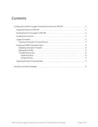 Contents
Configuration Guide for Logger Forwarding Connector for HPE OM 4
Supported Versions of HPE OM 4
Sending Events From Logger to HPE OM 4
Installing the Connector 5
Logger Forwarders 6
Creating a Forwarder to Forward Events 7
Creating an SNMP Interceptor Policy 8
Uploading Interceptor Template 8
Deploying the Policy 8
Troubleshooting Tips 8
Duplicate Events 8
Dropped Events 9
Adjusting the Event Processing Rate 9
Send Documentation Feedback 11
HPE ArcSight Logger Forwarding Connector for HPE Operations Manager Page 3 of 11
 