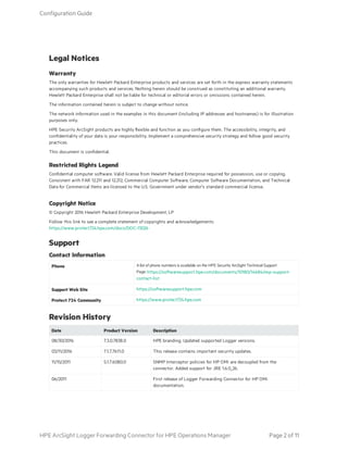 Legal Notices
Warranty
The only warranties for Hewlett Packard Enterprise products and services are set forth in the express warranty statements
accompanying such products and services. Nothing herein should be construed as constituting an additional warranty.
Hewlett Packard Enterprise shall not be liable for technical or editorial errors or omissions contained herein.
The information contained herein is subject to change without notice.
The network information used in the examples in this document (including IP addresses and hostnames) is for illustration
purposes only.
HPE Security ArcSight products are highly flexible and function as you configure them. The accessibility, integrity, and
confidentiality of your data is your responsibility. Implement a comprehensive security strategy and follow good security
practices.
This document is confidential.
Restricted Rights Legend
Confidential computer software. Valid license from Hewlett Packard Enterprise required for possession, use or copying.
Consistent with FAR 12.211 and 12.212, Commercial Computer Software, Computer Software Documentation, and Technical
Data for Commercial Items are licensed to the U.S. Government under vendor's standard commercial license.
Copyright Notice
© Copyright 2016 Hewlett Packard Enterprise Development, LP
Follow this link to see a complete statement of copyrights and acknowledgements:
https://www.protect724.hpe.com/docs/DOC-13026
Support
Phone Alistof phone numbers is available on the HPE Security ArcSightTechnical Support
Page: https://softwaresupport.hpe.com/documents/10180/14684/esp-support-
contact-list
Support Web Site https://softwaresupport.hpe.com
Protect 724 Community https://www.protect724.hpe.com
Contact Information
Revision History
Date Product Version Description
08/30/2016 7.3.0.7838.0 HPE branding. Updated supported Logger versions.
03/11/2016 7.1.7.7611.0 This release contains important security updates.
11/15/2011 5.1.7.6080.0 SNMP Interceptor policies for HP OMi are decoupled from the
connector. Added support for JRE 1.6.0_26.
06/2011 First release of Logger Forwarding Connector for HP OMi
documentation.
Configuration Guide
HPE ArcSight Logger Forwarding Connector for HPE Operations Manager Page 2 of 11
 