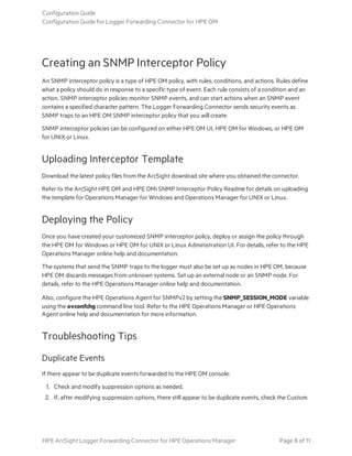 Creating an SNMP Interceptor Policy
An SNMP interceptor policy is a type of HPE OM policy, with rules, conditions, and actions. Rules define
what a policy should do in response to a specific type of event. Each rule consists of a condition and an
action. SNMP interceptor policies monitor SNMP events, and can start actions when an SNMP event
contains a specified character pattern. The Logger Forwarding Connector sends security events as
SNMP traps to an HPE OM SNMP interceptor policy that you will create.
SNMP interceptor policies can be configured on either HPE OM UI, HPE OM for Windows, or HPE OM
for UNIX or Linux.
Uploading Interceptor Template
Download the latest policy files from the ArcSight download site where you obtained the connector.
Refer to the ArcSight HPE OM and HPE OMi SNMP Interceptor Policy Readme for details on uploading
the template for Operations Manager for Windows and Operations Manager for UNIX or Linux.
Deploying the Policy
Once you have created your customized SNMP interceptor policy, deploy or assign the policy through
the HPE OM for Windows or HPE OM for UNIX or Linux Administration UI. For details, refer to the HPE
Operations Manager online help and documentation.
The systems that send the SNMP traps to the logger must also be set up as nodes in HPE OM, because
HPE OM discards messages from unknown systems. Set up an external node or an SNMP node. For
details, refer to the HPE Operations Manager online help and documentation.
Also, configure the HPE Operations Agent for SNMPv2 by setting the SNMP_SESSION_MODE variable
using the ovconfchg command line tool. Refer to the HPE Operations Manager or HPE Operations
Agent online help and documentation for more information.
Troubleshooting Tips
Duplicate Events
If there appear to be duplicate events forwarded to the HPE OM console:
1. Check and modify suppression options as needed.
2. If, after modifying suppression options, there still appear to be duplicate events, check the Custom
Configuration Guide
Configuration Guide for Logger Forwarding Connector for HPE OM
HPE ArcSight Logger Forwarding Connector for HPE Operations Manager Page 8 of 11
 