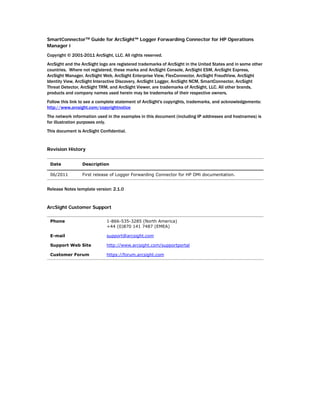 SmartConnectorTM
Guide for ArcSight™ Logger Forwarding Connector for HP Operations
Manager i
Copyright © 2001-2011 ArcSight, LLC. All rights reserved.
ArcSight and the ArcSight logo are registered trademarks of ArcSight in the United States and in some other
countries. Where not registered, these marks and ArcSight Console, ArcSight ESM, ArcSight Express,
ArcSight Manager, ArcSight Web, ArcSight Enterprise View, FlexConnector, ArcSight FraudView, ArcSight
Identity View, ArcSight Interactive Discovery, ArcSight Logger, ArcSight NCM, SmartConnector, ArcSight
Threat Detector, ArcSight TRM, and ArcSight Viewer, are trademarks of ArcSight, LLC. All other brands,
products and company names used herein may be trademarks of their respective owners.
Follow this link to see a complete statement of ArcSight's copyrights, trademarks, and acknowledgements:
http://www.arcsight.com/copyrightnotice
The network information used in the examples in this document (including IP addresses and hostnames) is
for illustration purposes only.
This document is ArcSight Confidential.
Revision History
Release Notes template version: 2.1.0
ArcSight Customer Support
Date Description
06/2011 First release of Logger Forwarding Connector for HP OMi documentation.
Phone 1-866-535-3285 (North America)
+44 (0)870 141 7487 (EMEA)
E-mail support@arcsight.com
Support Web Site http://www.arcsight.com/supportportal
Customer Forum https://forum.arcsight.com
 