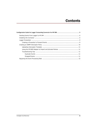 ArcSight Confidential 3
Contents
Configuration Guide for Logger Forwarding Connector for HP OMi ......................................................... 5
Sending Events From Logger to HP OMi .............................................................................. 6
Installing the Connector ................................................................................................... 6
Logger Forwarders .......................................................................................................... 9
Creating a Forwarder to Forward Events ....................................................................... 9
Creating an SNMP Interceptor Policy ................................................................................ 10
Uploading Interceptor Template ................................................................................ 11
Using the HP BSM Adapter to Import and Activate Policies ............................................ 11
Troubleshooting Tips ............................................................................................... 11
Duplicate Events ............................................................................................... 11
Dropped Events ................................................................................................ 11
Adjusting the Event Processing Rate ................................................................................ 12
 