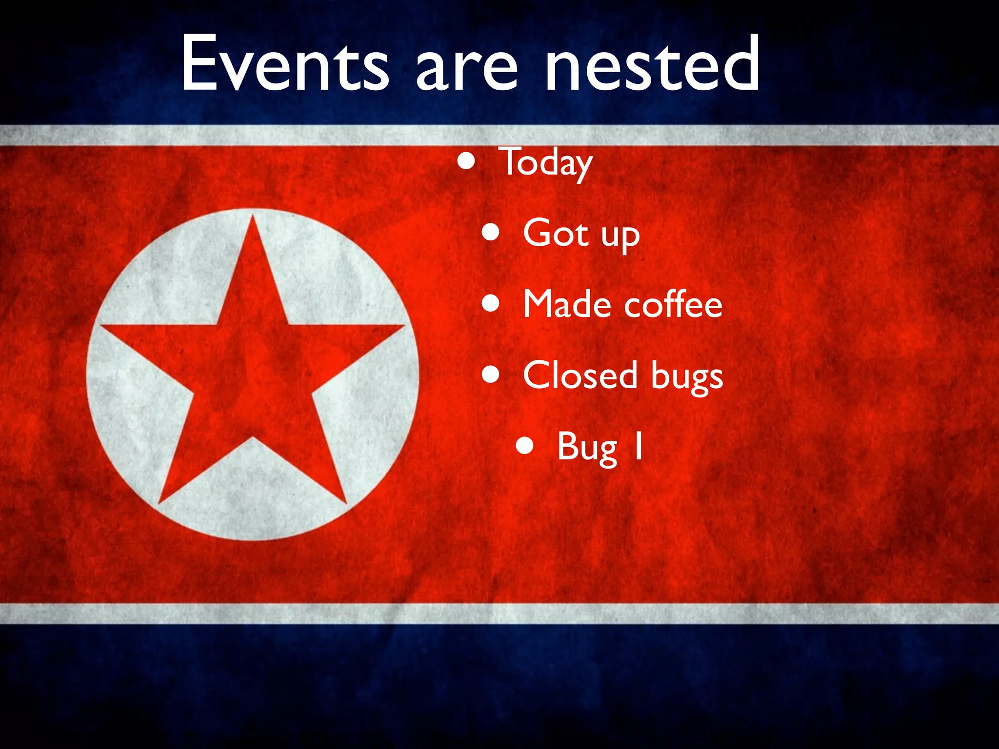 Events are nested
        • Today
         • Got up
         • Made coffee
         • Closed bugs
           • Bug 1
 