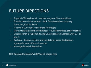 @Pepe_CZ25
FUTURE DIRECTIONS
● Support CRI log format - not docker json-file compatible
● Fluentd does not scale well - look for alternatives: rsyslog,
fluent-bit, Elastic Beats
● Fluentd RELP input - rsyslog to fluentd[1]
● More integration with Prometheus - fluentd metrics, other metrics
● Elasticsearch 5 (OpenShift 3.10), Elasticsearch 6 (OpenShift 3.11 or
later)
● Grafana - display metrics and log data on same dashboard -
aggregate from different sources
● Message Queue integration
[1] https://github.com/ViaQ/fluent-plugin-relp
 