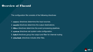 The configuration file consists of the following directives:
1. source directives determine the input sources.
2. match directives determine the output destinations.
3. filter directives determine the event processing pipelines.
4. system directives set system wide configuration.
5. label directives group the output and filter for internal routing
6. @include directives include other files.
Overview of Fluentd
 