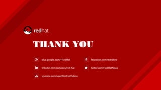 THANK YOU
plus.google.com/+RedHat
linkedin.com/company/red-hat
youtube.com/user/RedHatVideos
facebook.com/redhatinc
twitter.com/RedHatNews
 