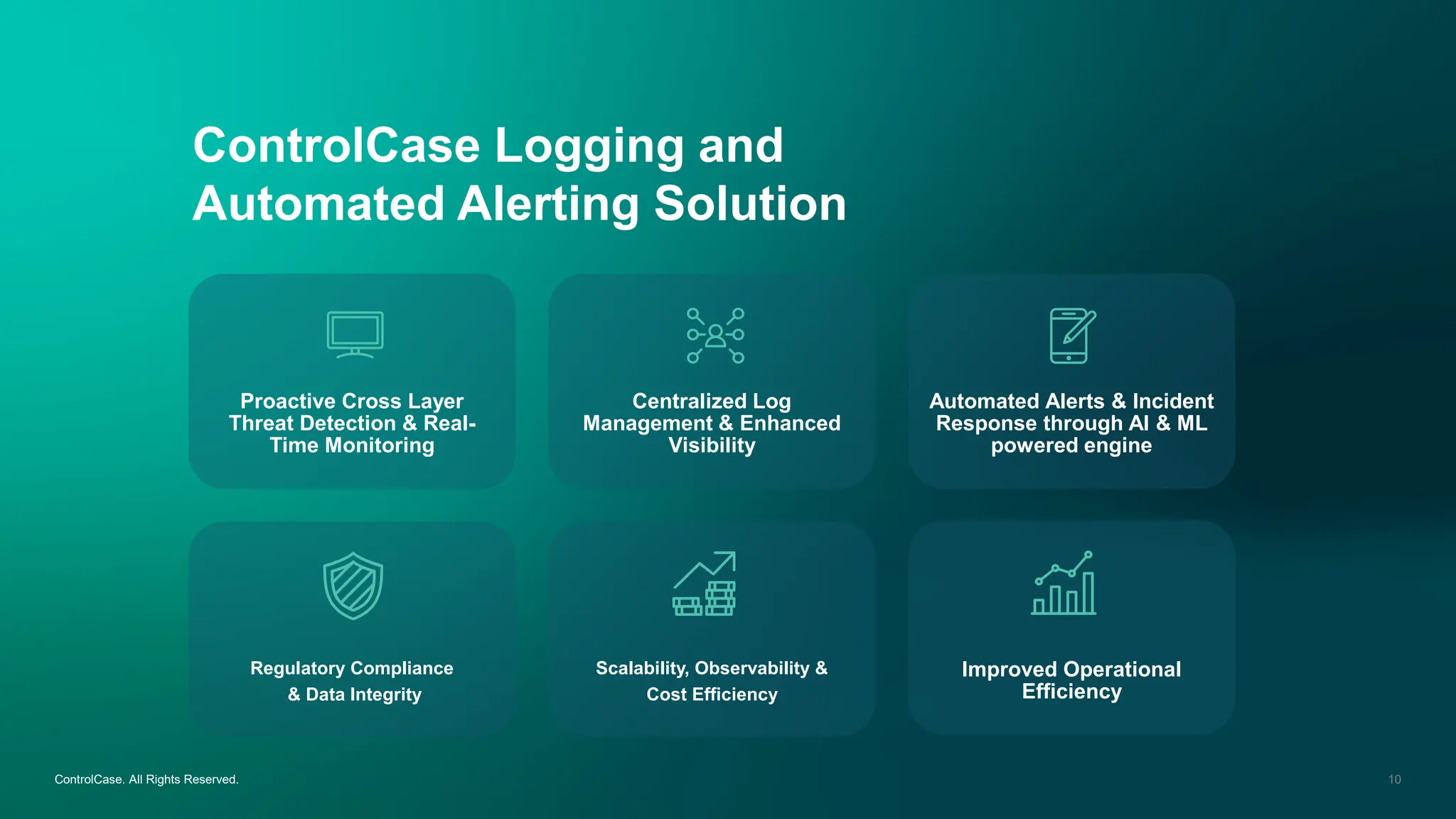 ControlCase Logging and
Automated Alerting Solution
ControlCase. All Rights Reserved. 10
Proactive Cross Layer
Threat Detection & Real-
Time Monitoring
Centralized Log
Management & Enhanced
Visibility
Automated Alerts & Incident
Response through AI & ML
powered engine
Regulatory Compliance
& Data Integrity
Scalability, Observability &
Cost Efficiency
Improved Operational
Efficiency
 