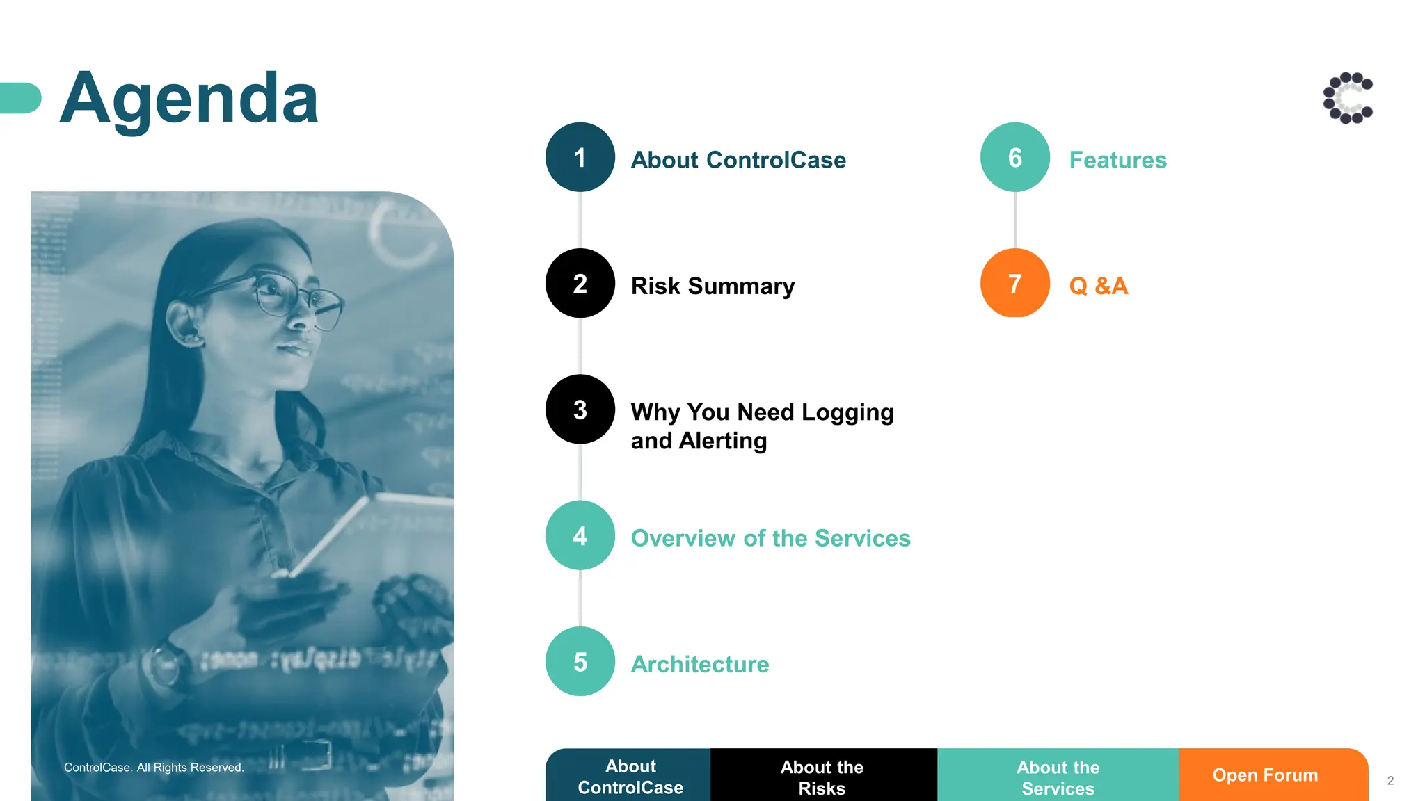 Agenda
1
2
3
4
5
6
7
About ControlCase
Risk Summary
Why You Need Logging
and Alerting
Overview of the Services
Architecture
Features
Q &A
2
About
ControlCase
About the
Risks
About the
Services
Open Forum
ControlCase. All Rights Reserved.
 