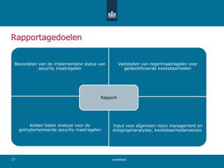 Rapportagedoelen
voettekst17
Beoordelen van de implementatie status van
security maatregelen
Vaststellen van tegenmaatregelen voor
geïdentificeerde kwetsbaarheden
Kosten baten analyse voor de
geïmplementeerde security maatregelen
Input voor algemeen risico management en
dreigingenanalyses, kwetsbaarheidanalyses.
Rapport
 