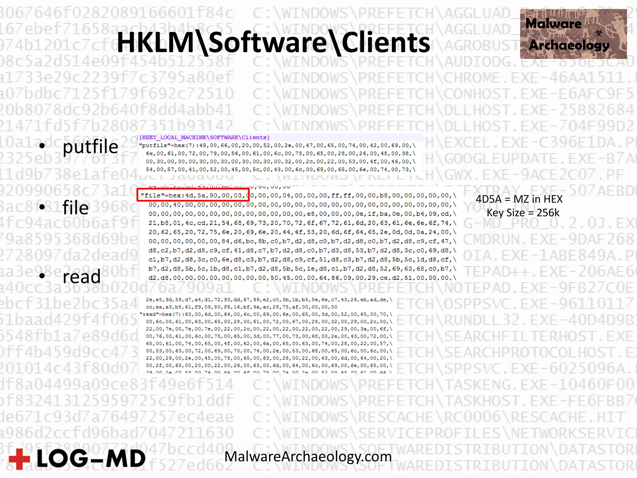 HKLMSoftwareClients
• putfile
• file
• read
4D5A = MZ in HEX
Key Size = 256k
MalwareArchaeology.com
 