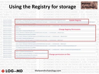 Using the Registry for storage
Update Registry
Change Registry Permissions
Change permissions on files
MalwareArchaeology.com
 