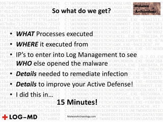 MalwareArchaeology.com
So what do we get?
• WHAT Processes executed
• WHERE it executed from
• IP’s to enter into Log Management to see
WHO else opened the malware
• Details needed to remediate infection
• Details to improve your Active Defense!
• I did this in…
15 Minutes!
 