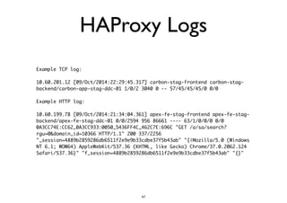 HAProxy Logs 
Example TCP log: 
! 
10.60.201.12 [09/Oct/2014:22:29:45.317] carbon-stag-frontend carbon-stag-backend/ 
carbon-app-stag-ddc-01 1/0/2 3040 0 -- 57/45/45/45/0 0/0 
! 
Example HTTP log: 
! 
10.60.199.78 [09/Oct/2014:21:34:04.361] apex-fe-stag-frontend apex-fe-stag-backend/ 
apex-fe-stag-ddc-01 0/0/2594 956 86661 ---- 63/1/0/0/0 0/0 
0A3CC74E:CC62_0A3CC933:0050_5436FF4C_462C7E:696C "GET /a/sa/search? 
rgu=0&domain_id=10366 HTTP/1.1" 200 337/2256 
"_session=4889b2859286db6511f2e9e9b33cdbe37f5b43ab" "{|Mozilla/5.0 (Windows 
NT 6.1; WOW64) AppleWebKit/537.36 (KHTML, like Gecko) Chrome/37.0.2062.124 
Safari/537.36}" "f_session=4889b2859286db6511f2e9e9b33cdbe37f5b43ab" "{}" 
47 
 