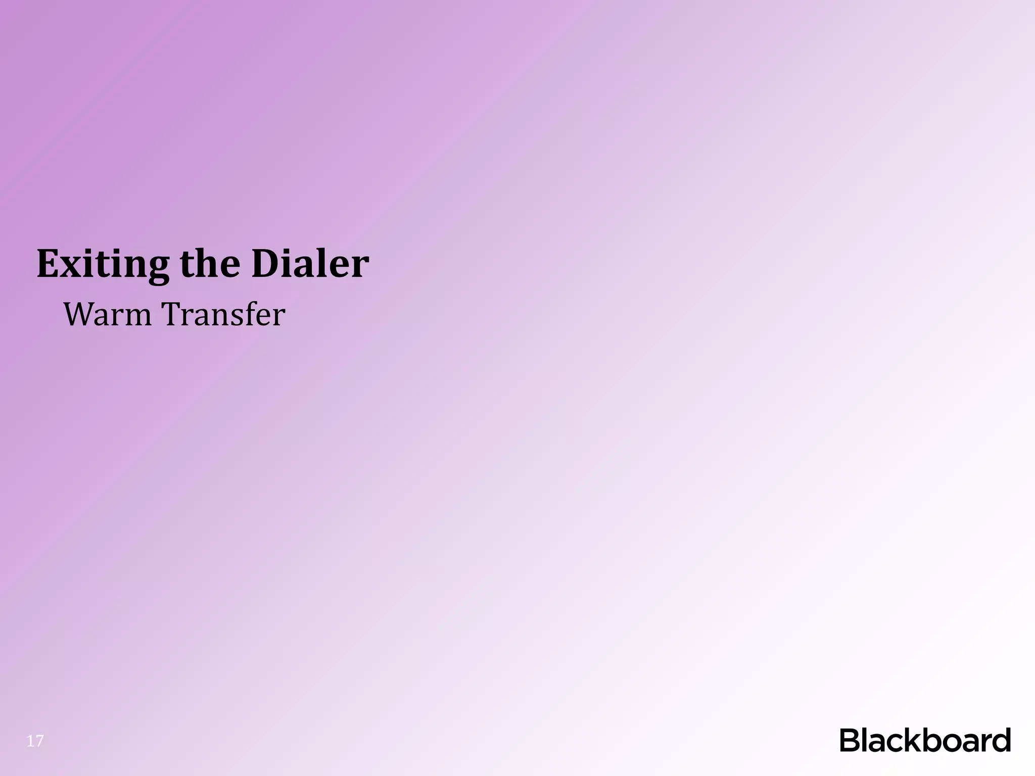 Exiting the Dialer
17
Warm Transfer
 