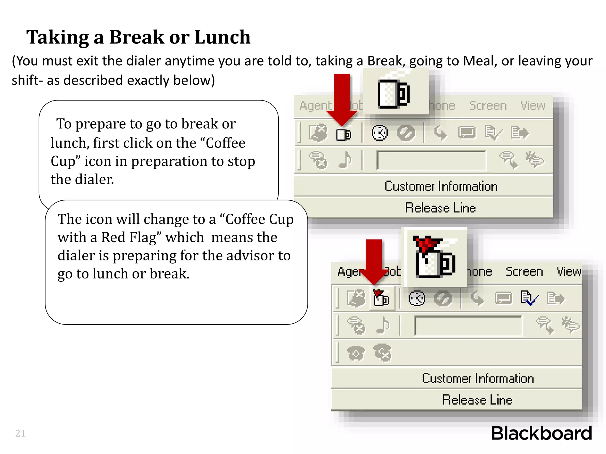 21
(You must exit the dialer anytime you are told to, taking a Break, going to Meal, or leaving your
shift- as described exactly below)
Taking a Break or Lunch
To prepare to go to break or
lunch, first click on the “Coffee
Cup” icon in preparation to stop
the dialer.
The icon will change to a “Coffee Cup
with a Red Flag” which means the
dialer is preparing for the advisor to
go to lunch or break.
 