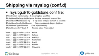 Copyright 2014 Solinea, Inc.
Shipping via rsyslog (conf.d)
§  rsyslog.d/10-goldstone.conf file:
$WorkDirectory /var/lib/rsyslog # where to place spool files
$ActionQueueFileName fwdGoldstone # unique name prefix for spool files
$ActionQueueMaxDiskSpace 1g # 1gb space limit (use as much as possible)
$ActionQueueSaveOnShutdown on # save messages to disk on shutdown
$ActionQueueType LinkedList # run asynchronously
$ActionResumeRetryCount -1 # infinite retries if host is down
local0.* @@10.10.11.122:5514 # nova
local1.* @@10.10.11.122:5514 # glance
local2.* @@10.10.11.122:5514 # neutron
local3.* @@10.10.11.122:5514 # ceilometer
local4.* @@10.10.11.122:5514 # swift
local5.* @@10.10.11.122:5514 # cinder
local6.* @@10.10.11.122:5514 # keystone
 